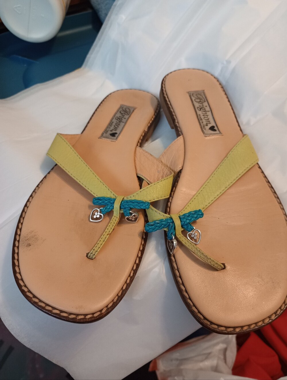 Brighton Lime Green and Teal Braided Thong Sandals with Heart Charms